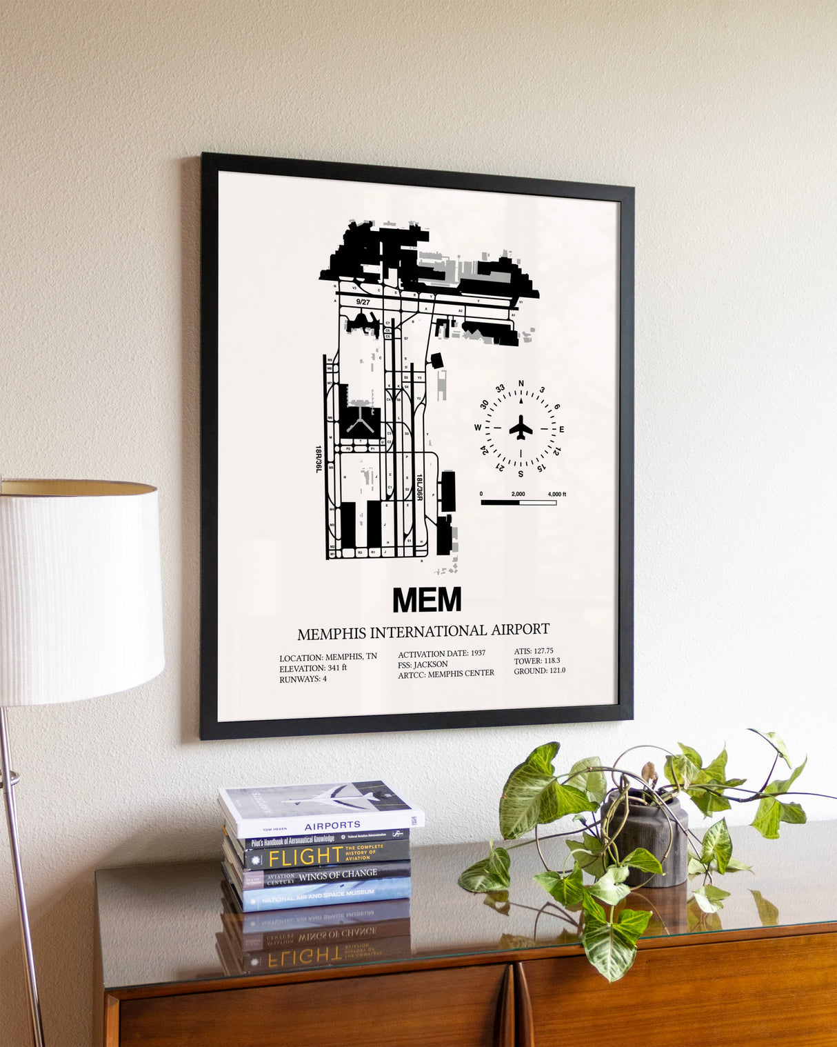 Memphis International Airport aviation wall décor in black wood frame