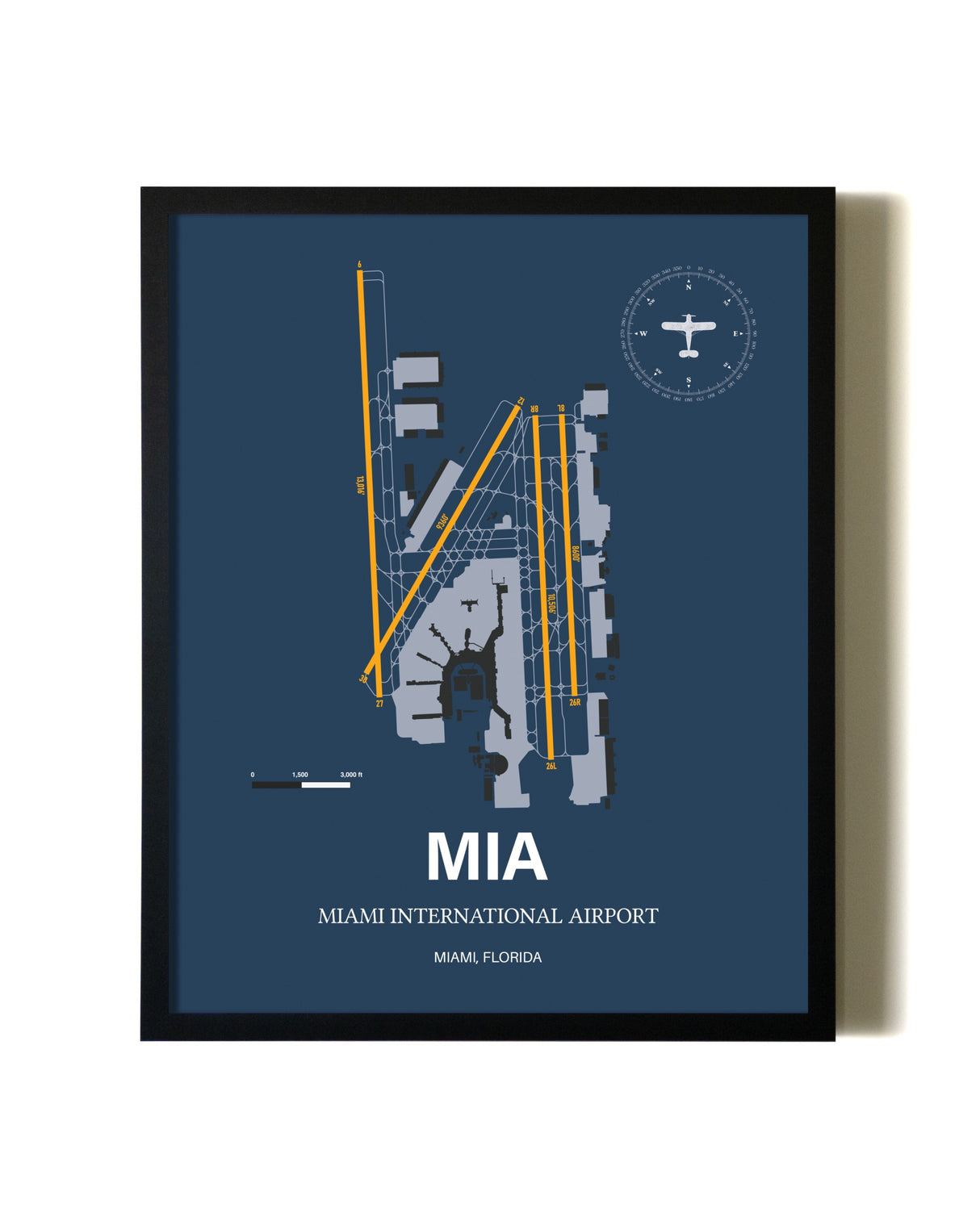 Blue and Yellow Framed Miami International Airport wall art poster in black frame
