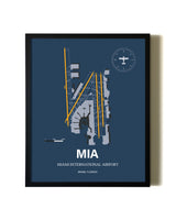 Blue and Yellow Framed Miami International Airport wall art poster in black frame