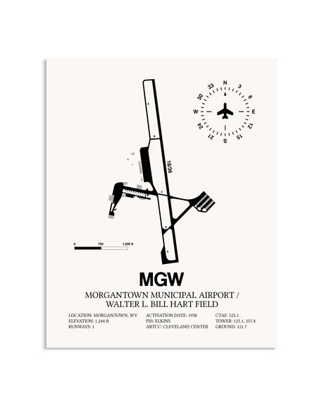 Gray Morgantown Municipal Airport / Walter L. Bill Hart Field framed poster displayed in an airplane hangar
