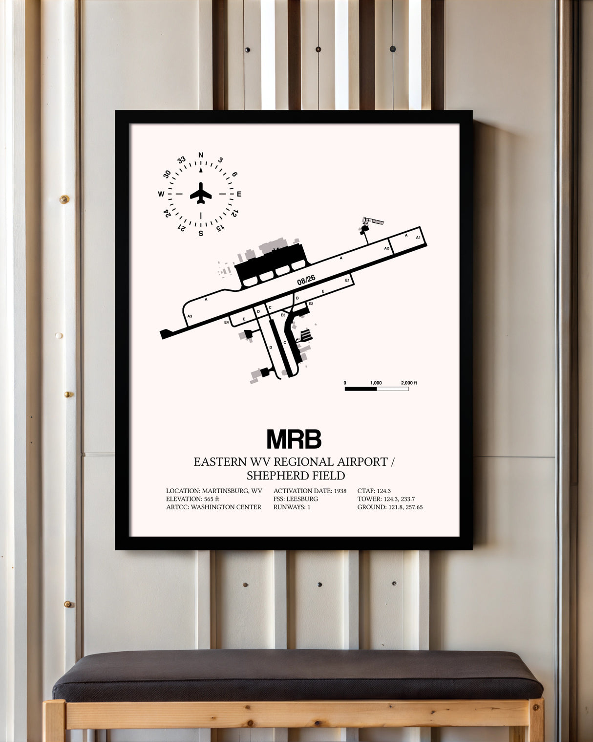 Eastern WV Regional Airport / Shepherd Field framed poster displayed in an airplane hangar