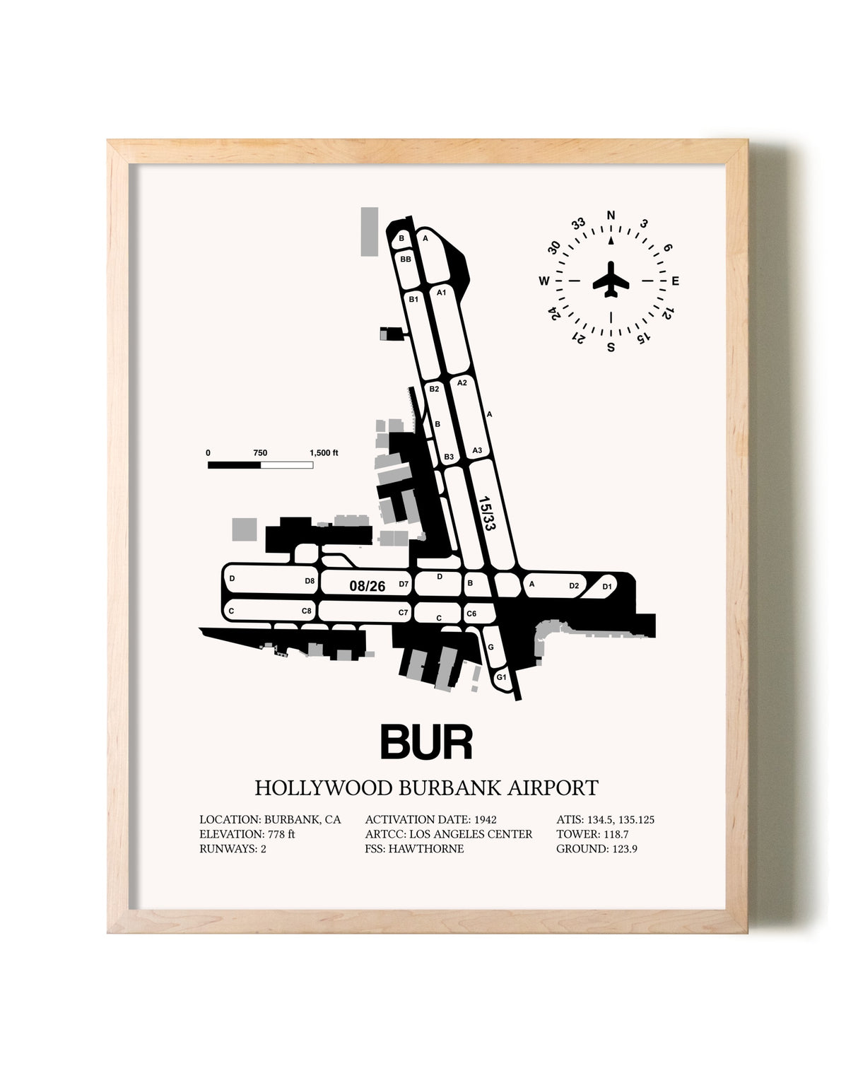 Hollywood Burbank Airport framed wall art in white frame