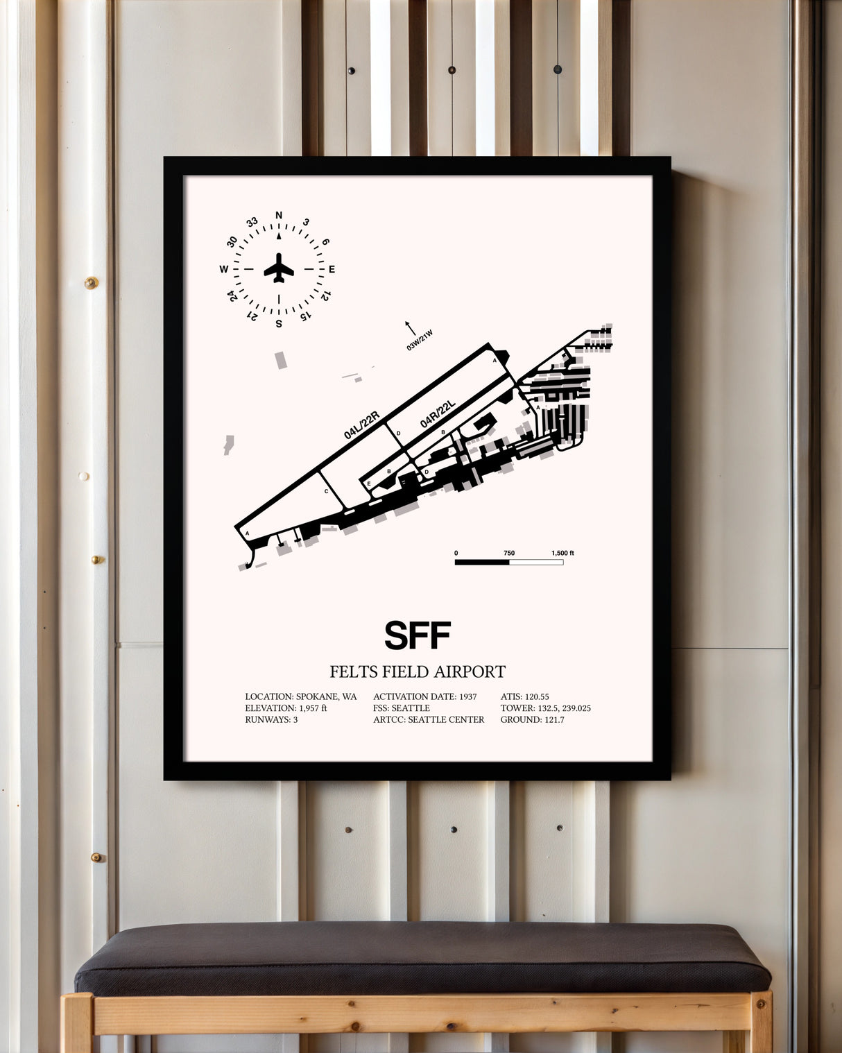 Felts Field Airport framed poster displayed in an airplane hangar