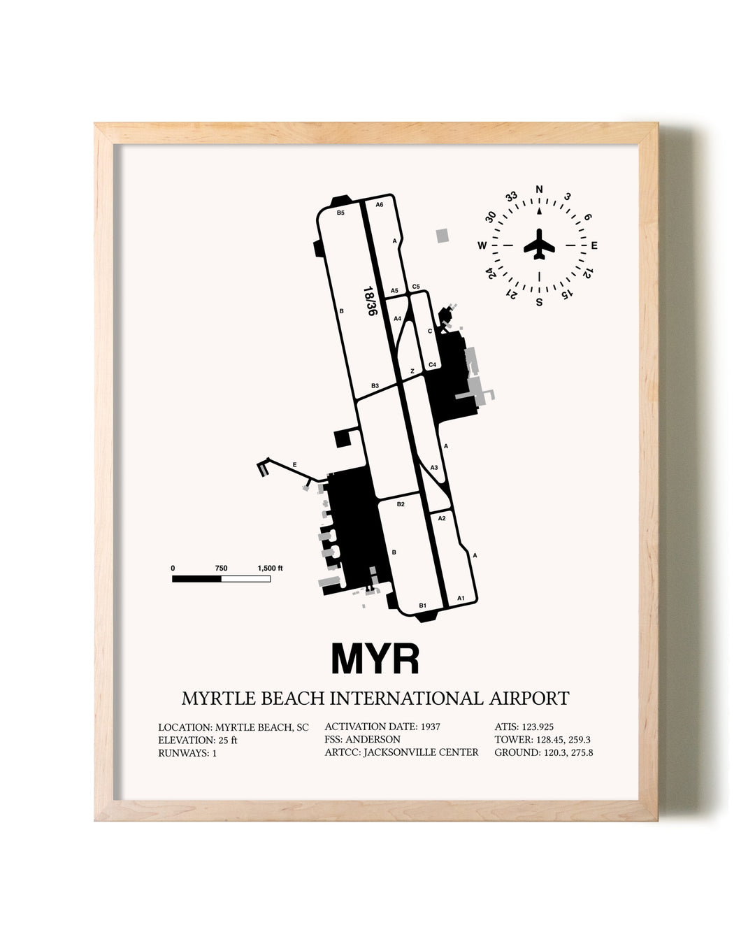 Myrtle Beach International Airport framed wall art in white frame