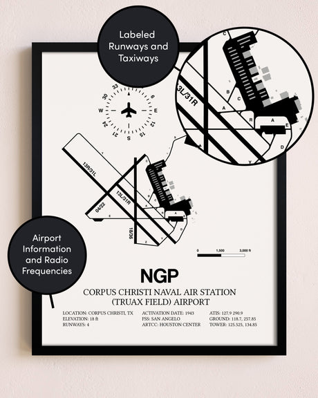 Framed Corpus Christi Naval Air Station (Truax Field) Airport layout wall art poster