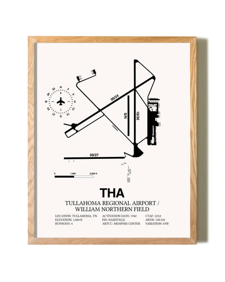 Tullahoma Regional Airport / William Northern Field framed print in natural wood frame