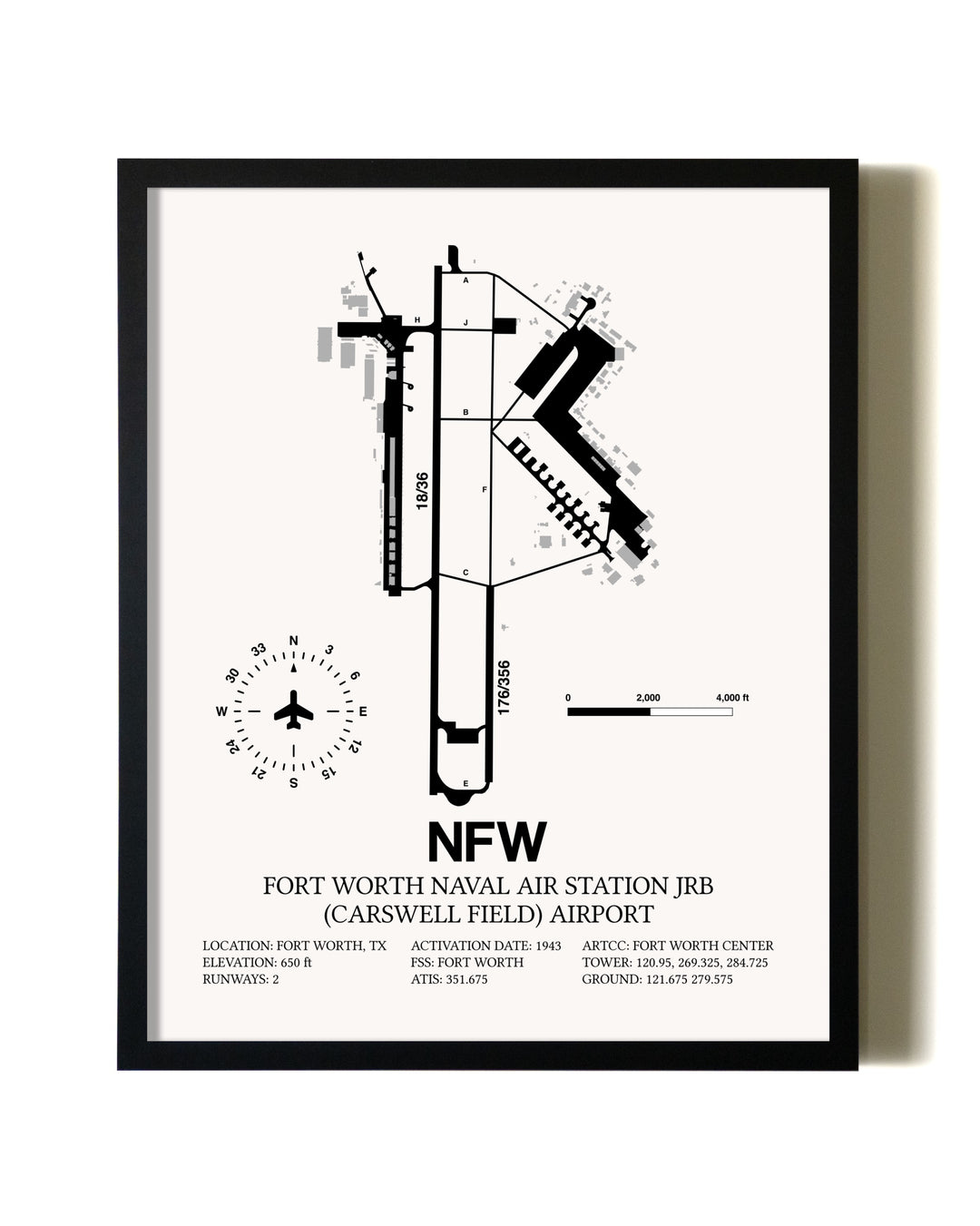 Framed Fort Worth Naval Air Station JRB (Carswell Field) Airport wall art poster in black frame