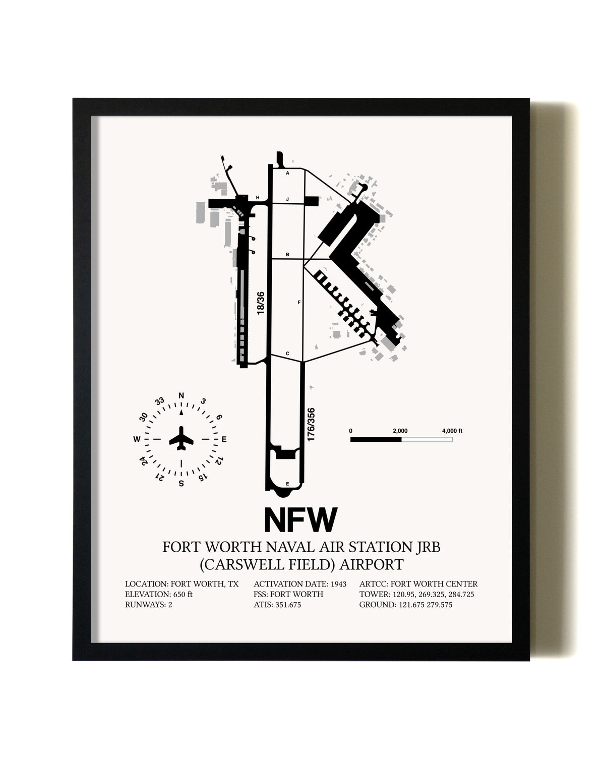 Framed Fort Worth Naval Air Station JRB (Carswell Field) Airport wall art poster in black frame