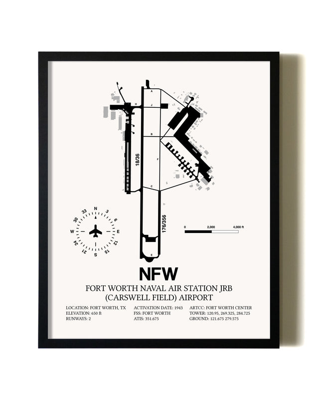Framed Fort Worth Naval Air Station JRB (Carswell Field) Airport wall art poster in black frame