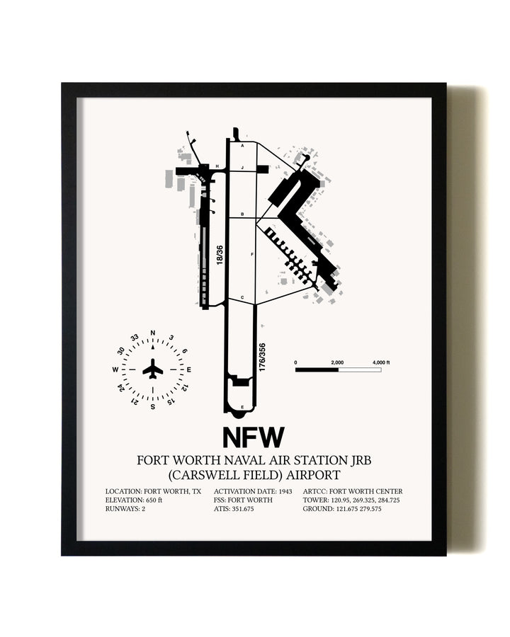 Framed Fort Worth Naval Air Station JRB (Carswell Field) Airport wall art poster in black frame