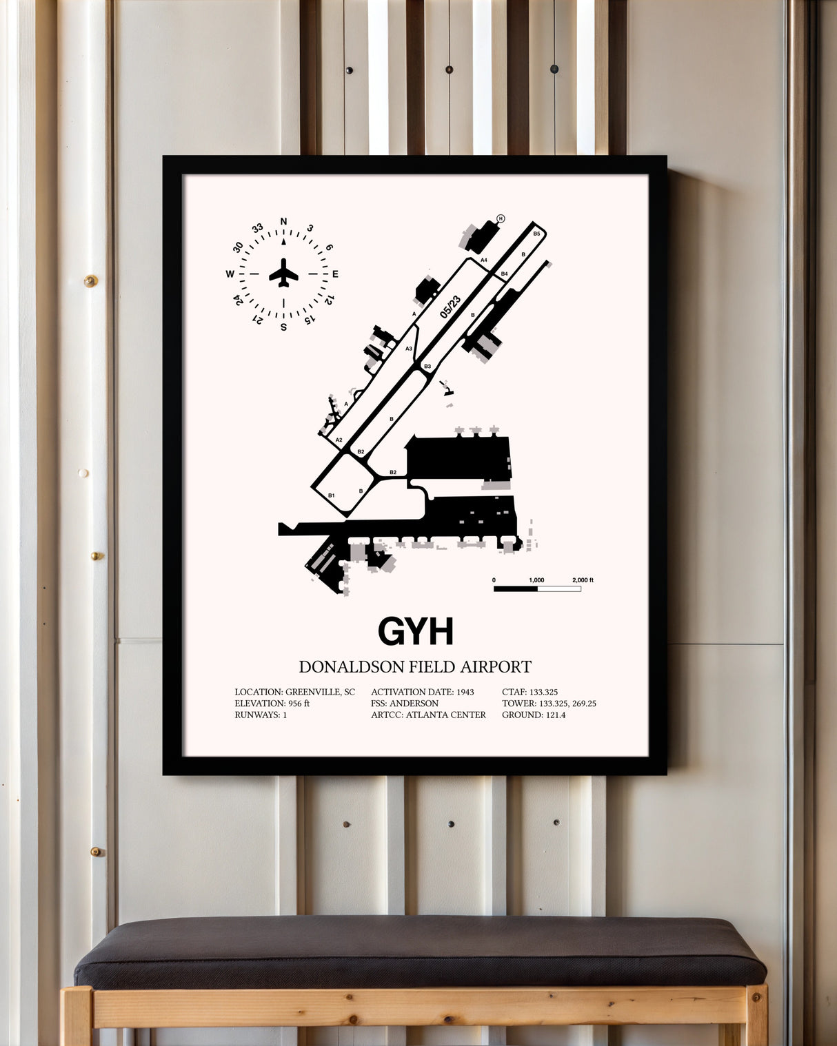 Donaldson Field Airport framed poster displayed in an airplane hangar