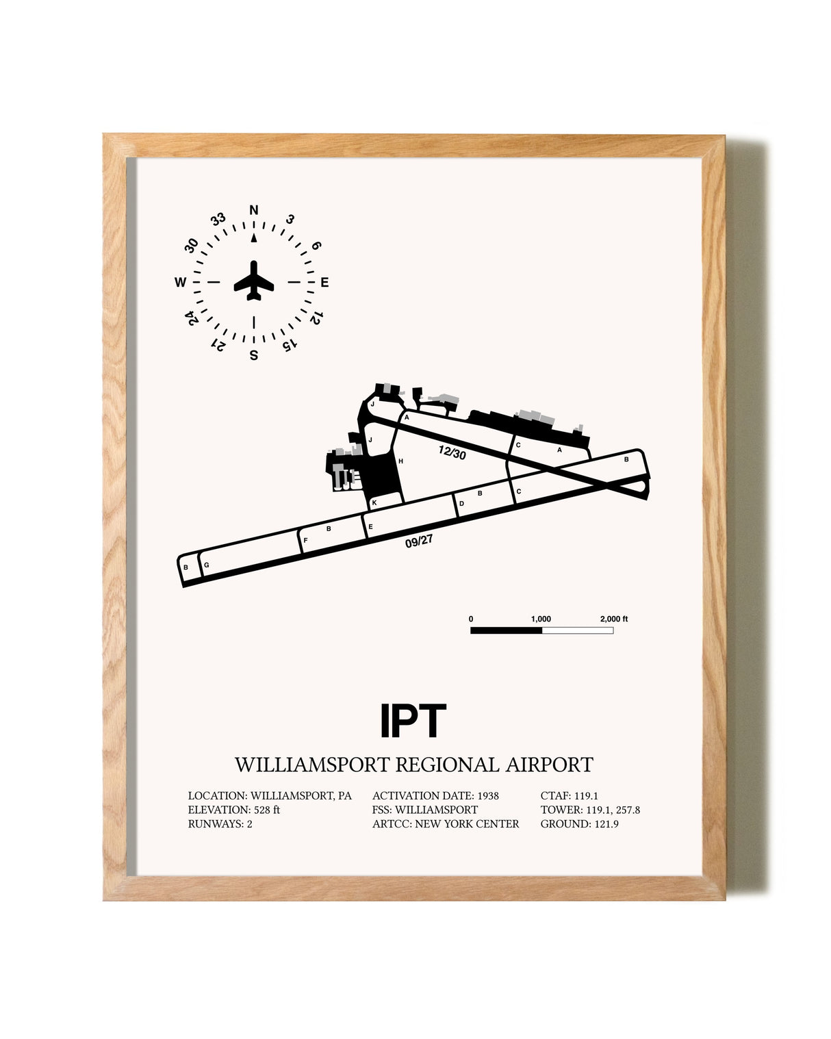 Williamsport Regional Airport framed print in natural wood frame