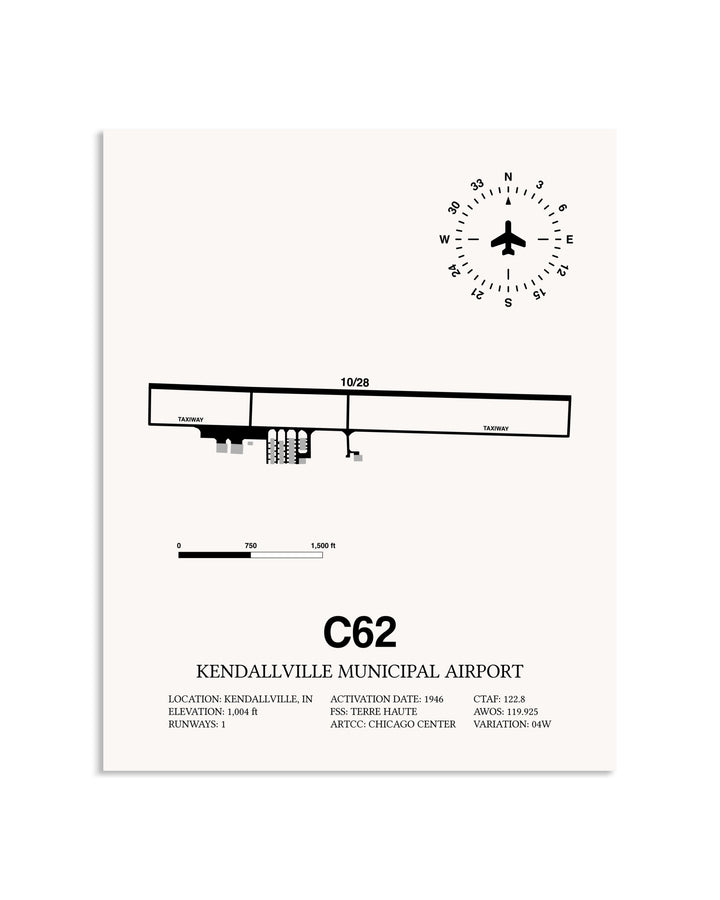 Gray Kendallville Municipal Airport framed poster displayed in an airplane hangar