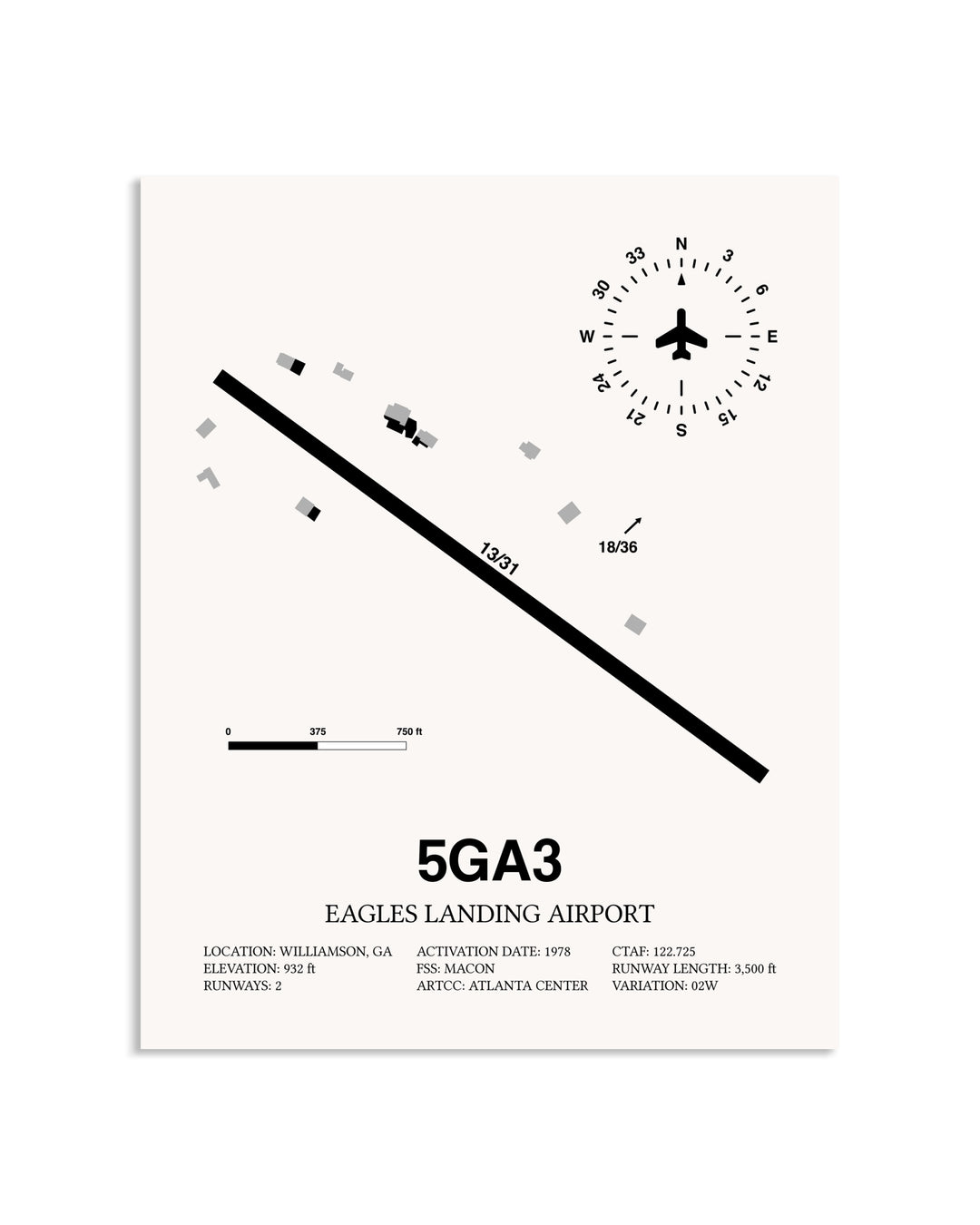 Gray Eagles Landing Airport framed poster displayed in an airplane hangar
