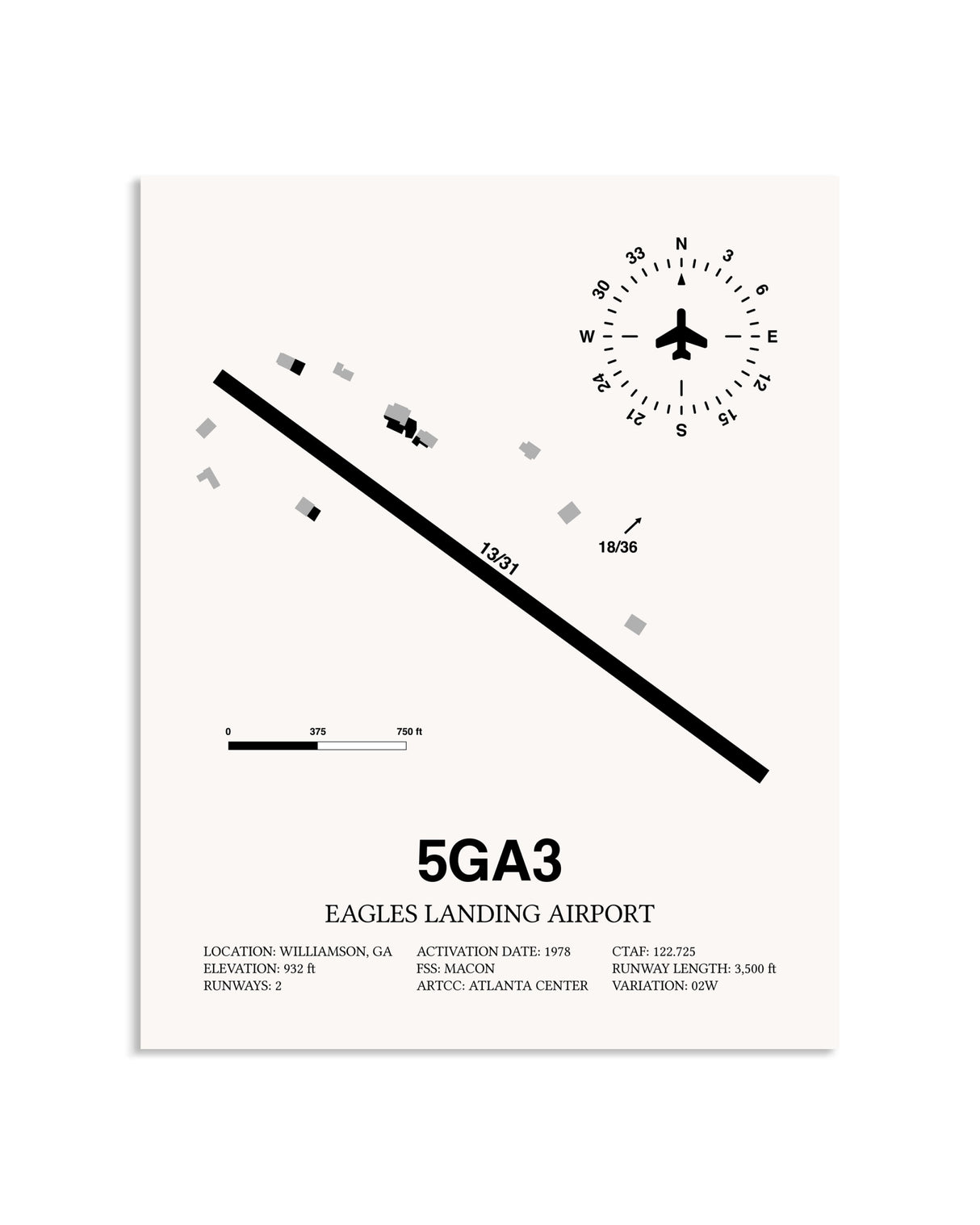 Gray Eagles Landing Airport framed poster displayed in an airplane hangar
