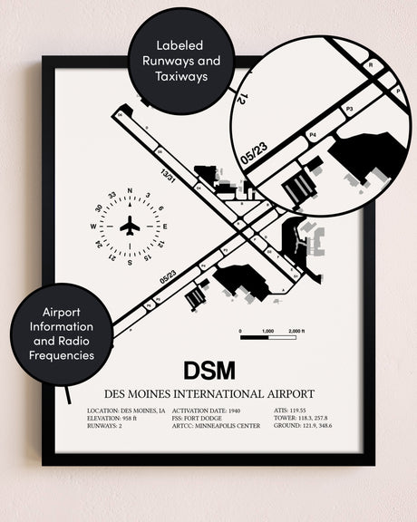 Framed Des Moines International Airport layout wall art poster