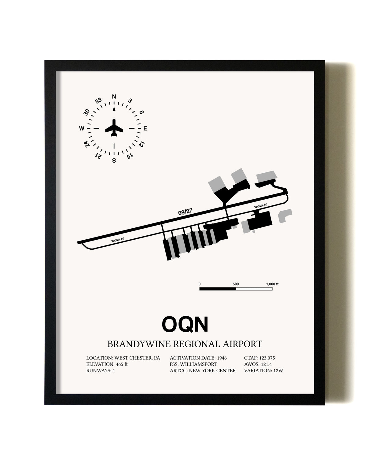 Framed Brandywine Regional Airport wall art poster in black frame