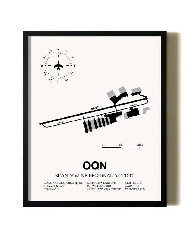 Framed Brandywine Regional Airport wall art poster in black frame