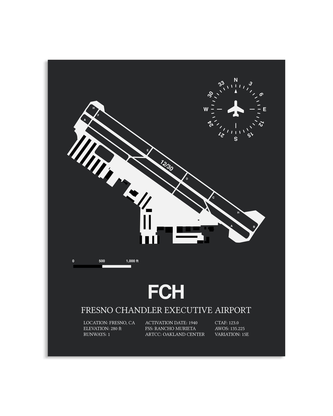 Gray Framed Fresno Chandler Executive Airport layout wall art poster