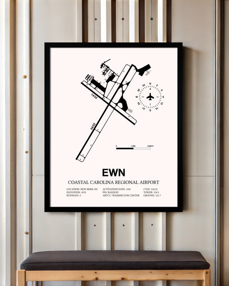 Coastal Carolina Regional Airport framed poster displayed in an airplane hangar