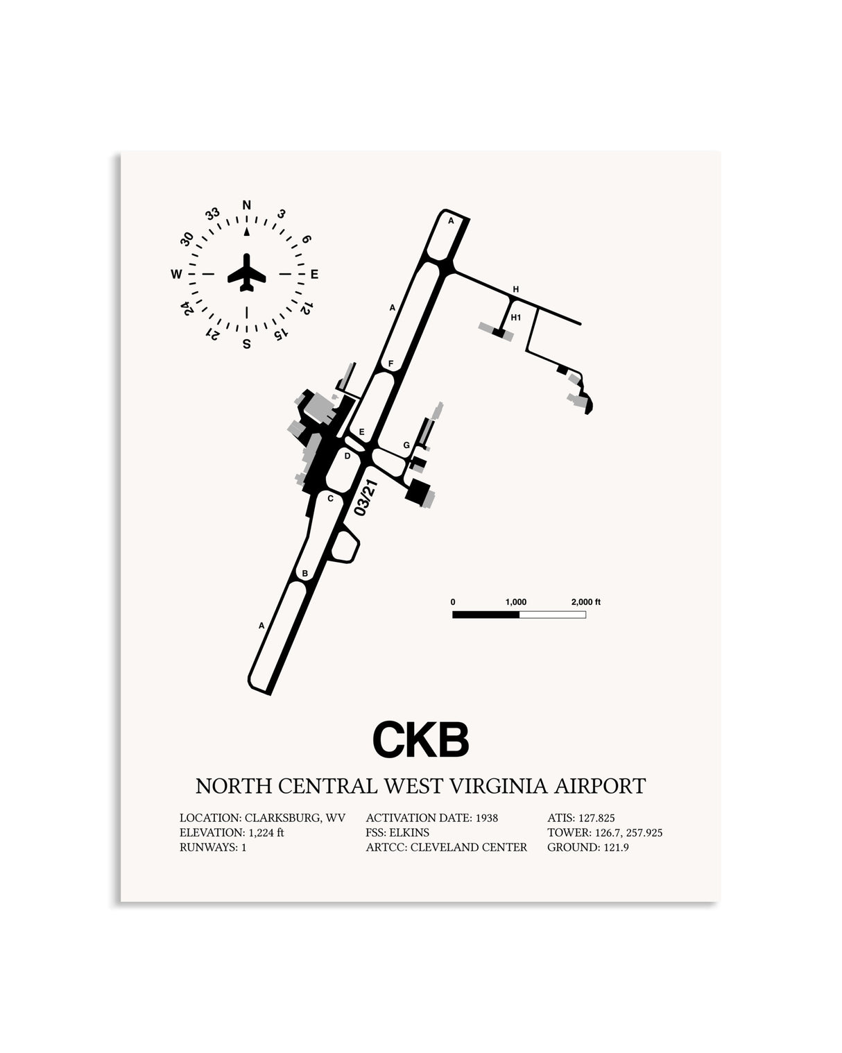 Gray North Central West Virginia Airport framed poster displayed in an airplane hangar