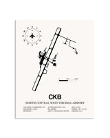 Gray North Central West Virginia Airport framed poster displayed in an airplane hangar
