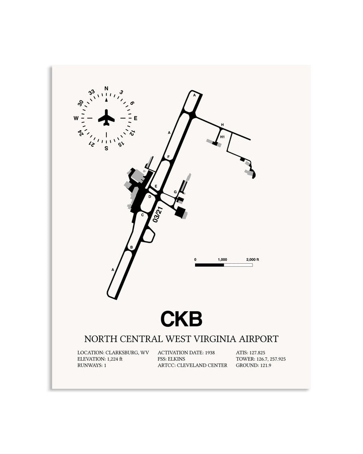 Gray North Central West Virginia Airport framed poster displayed in an airplane hangar