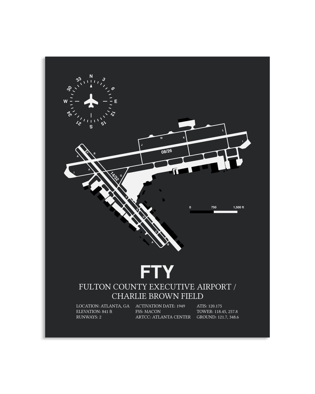 Gray Framed Fulton County Executive Airport / Charlie Brown Field layout wall art poster
