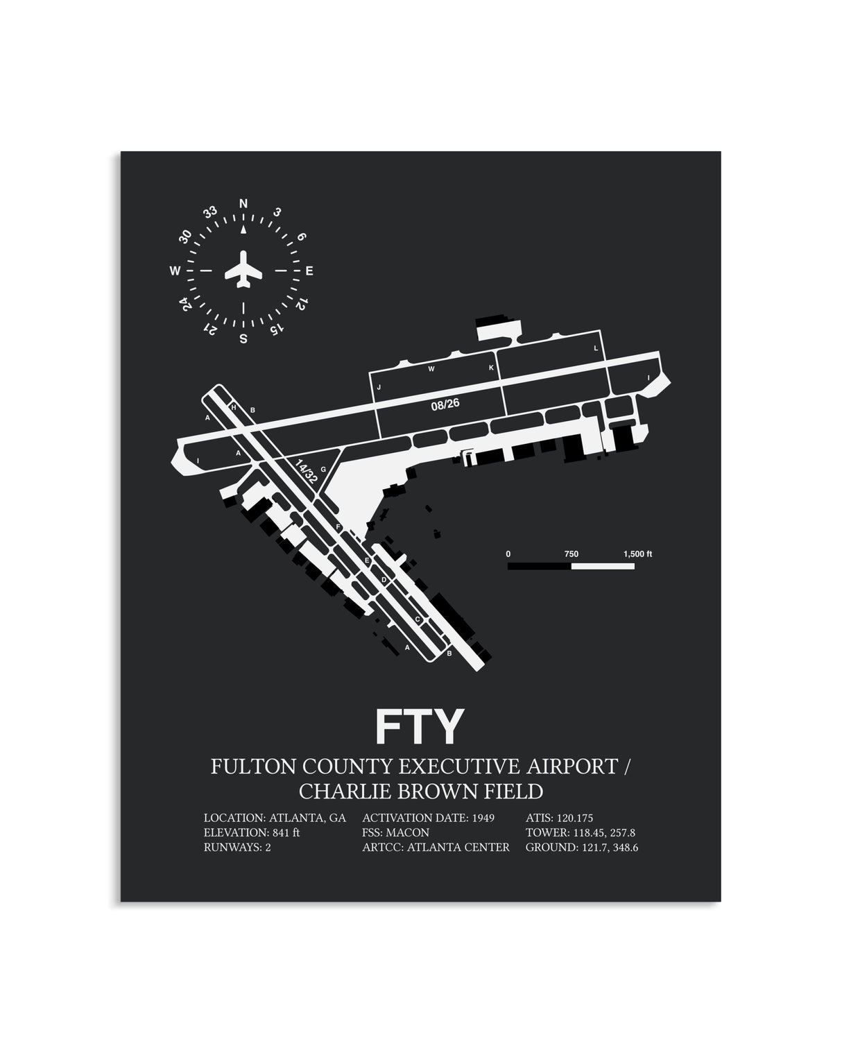 Gray Framed Fulton County Executive Airport / Charlie Brown Field layout wall art poster