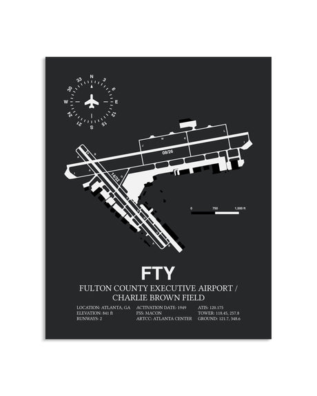 Gray Framed Fulton County Executive Airport / Charlie Brown Field layout wall art poster