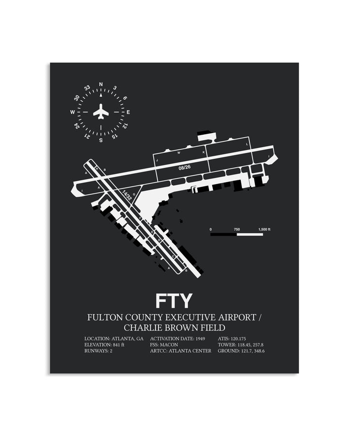 Gray Framed Fulton County Executive Airport / Charlie Brown Field layout wall art poster