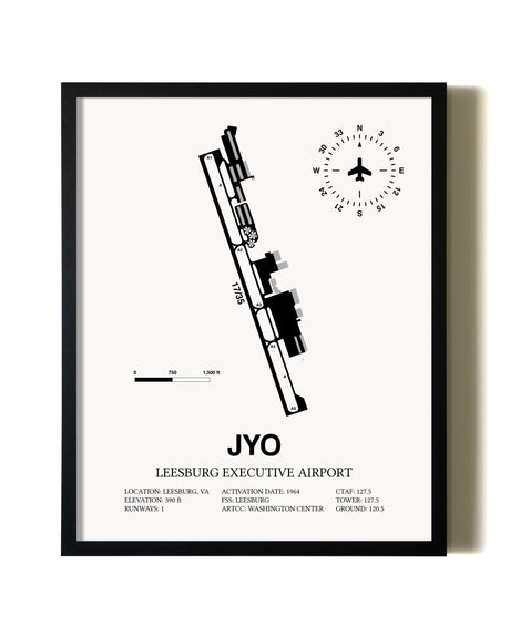 Framed Leesburg Executive Airport wall art poster in black frame