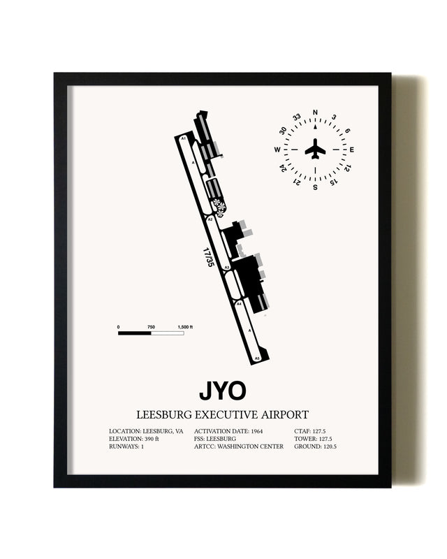 Framed Leesburg Executive Airport wall art poster in black frame