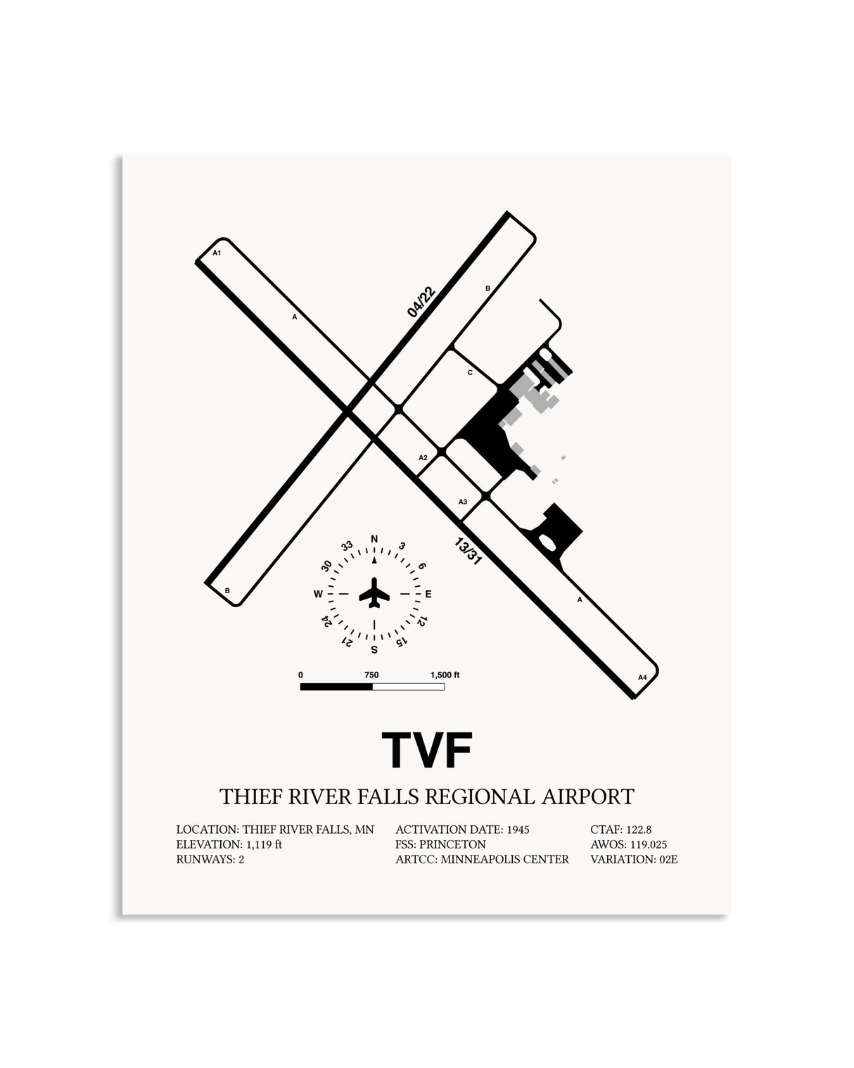 Gray Thief River Falls Regional Airport framed poster displayed in an airplane hangar