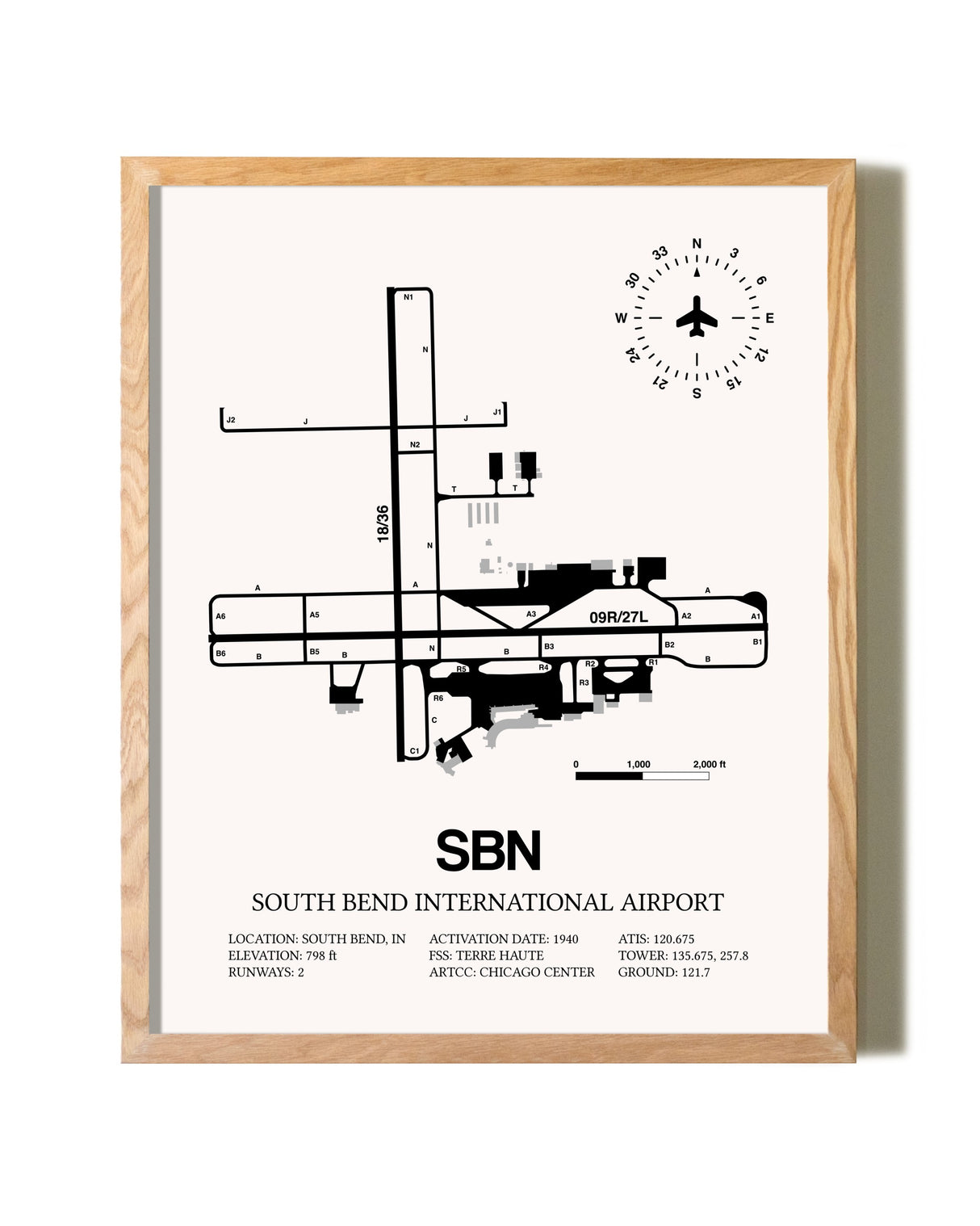 South Bend International Airport framed print in natural wood frame