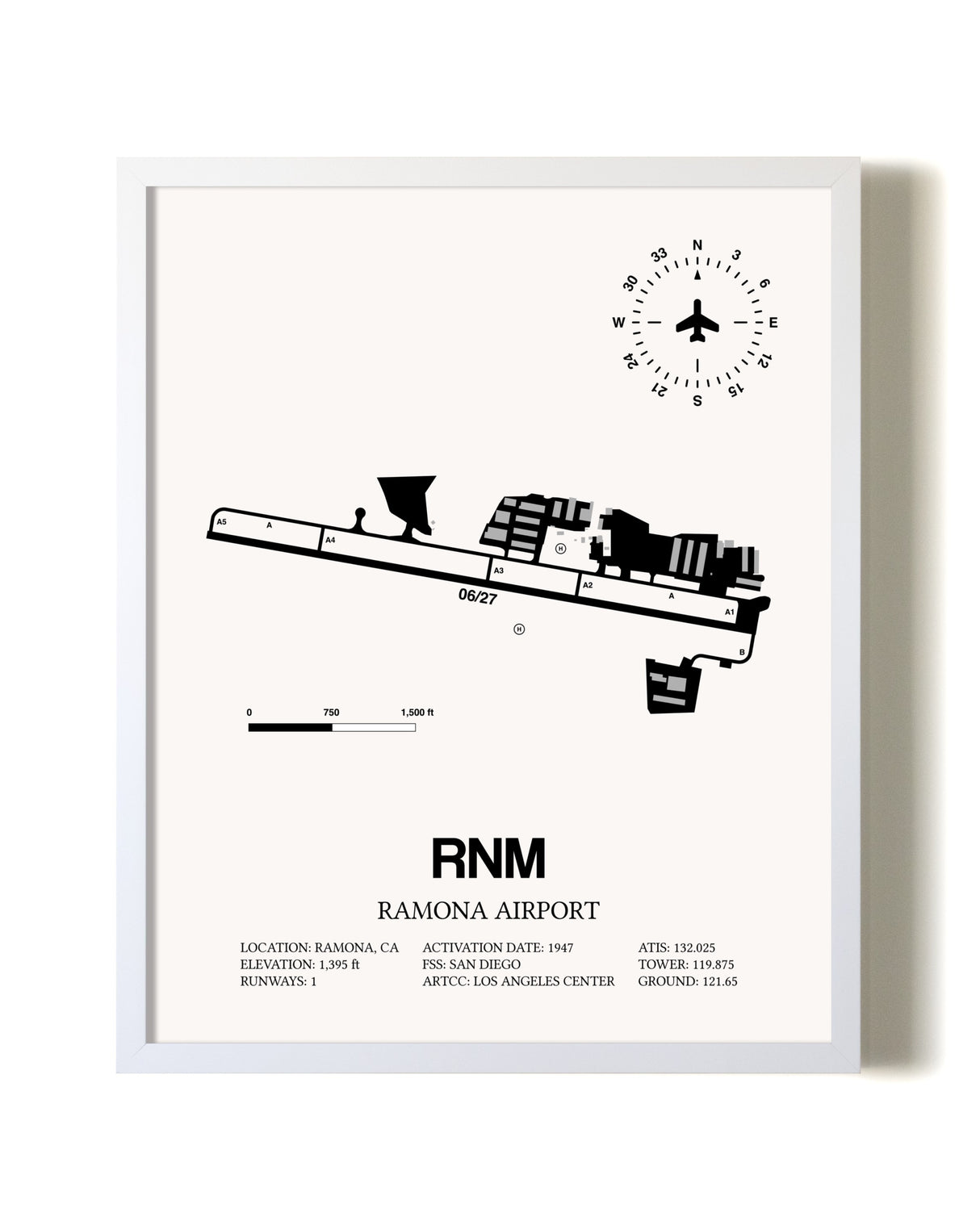Ramona Airport airport map poster in oak frame