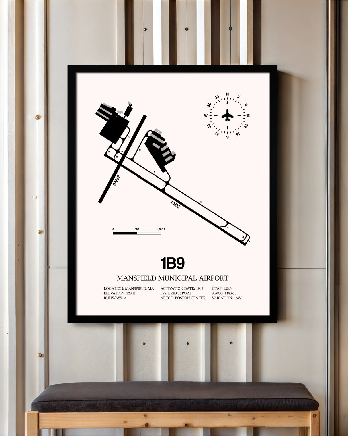 Mansfield Municipal Airport framed poster displayed in an airplane hangar