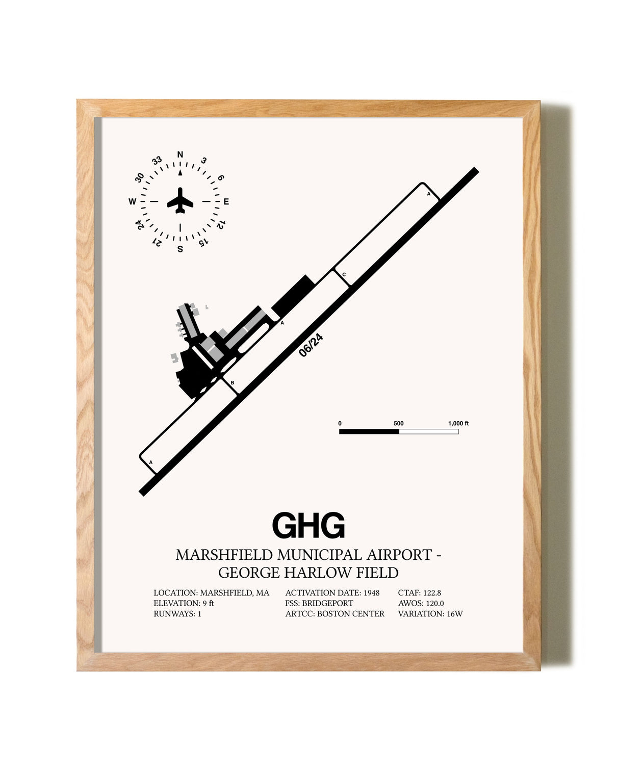 Marshfield Municipal Airport-George Harlow Field framed print in natural wood frame