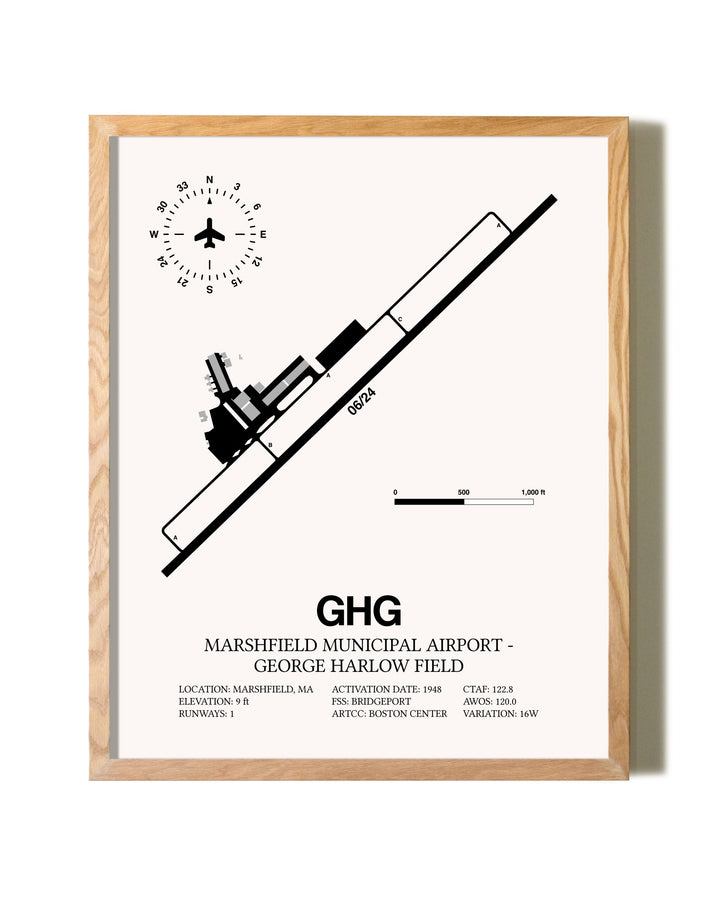 Marshfield Municipal Airport-George Harlow Field framed print in natural wood frame