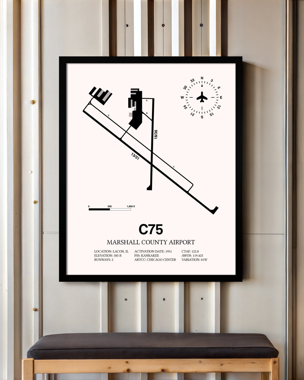 Marshall County Airport framed poster displayed in an airplane hangar