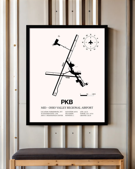 Mid-Ohio Valley Regional Airport framed poster displayed in an airplane hangar