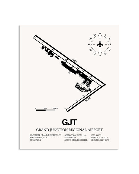 Gray Grand Junction Regional Airport framed poster displayed in an airplane hangar