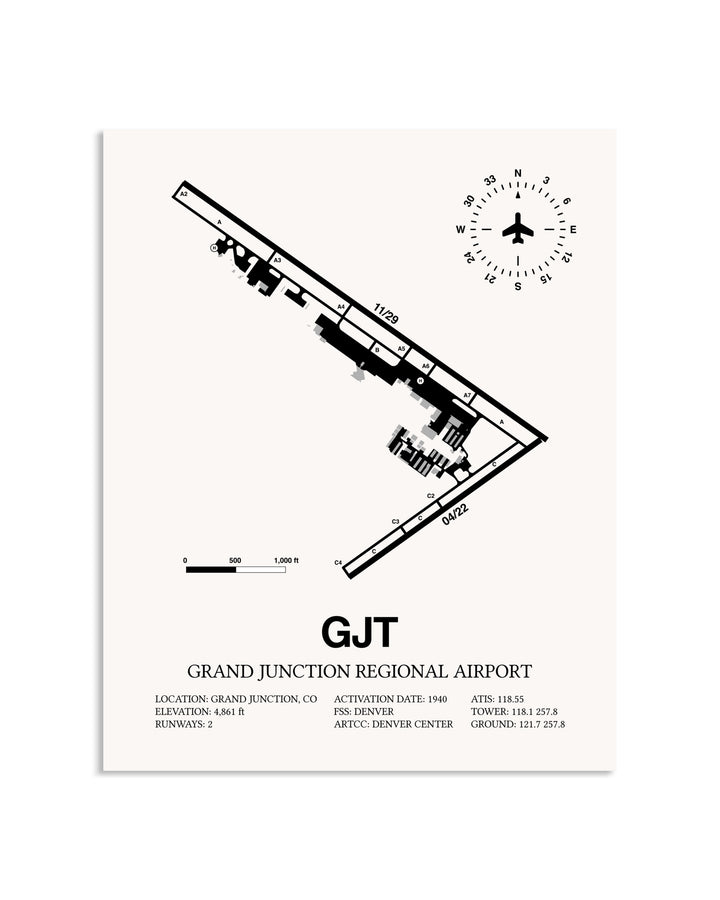Gray Grand Junction Regional Airport framed poster displayed in an airplane hangar