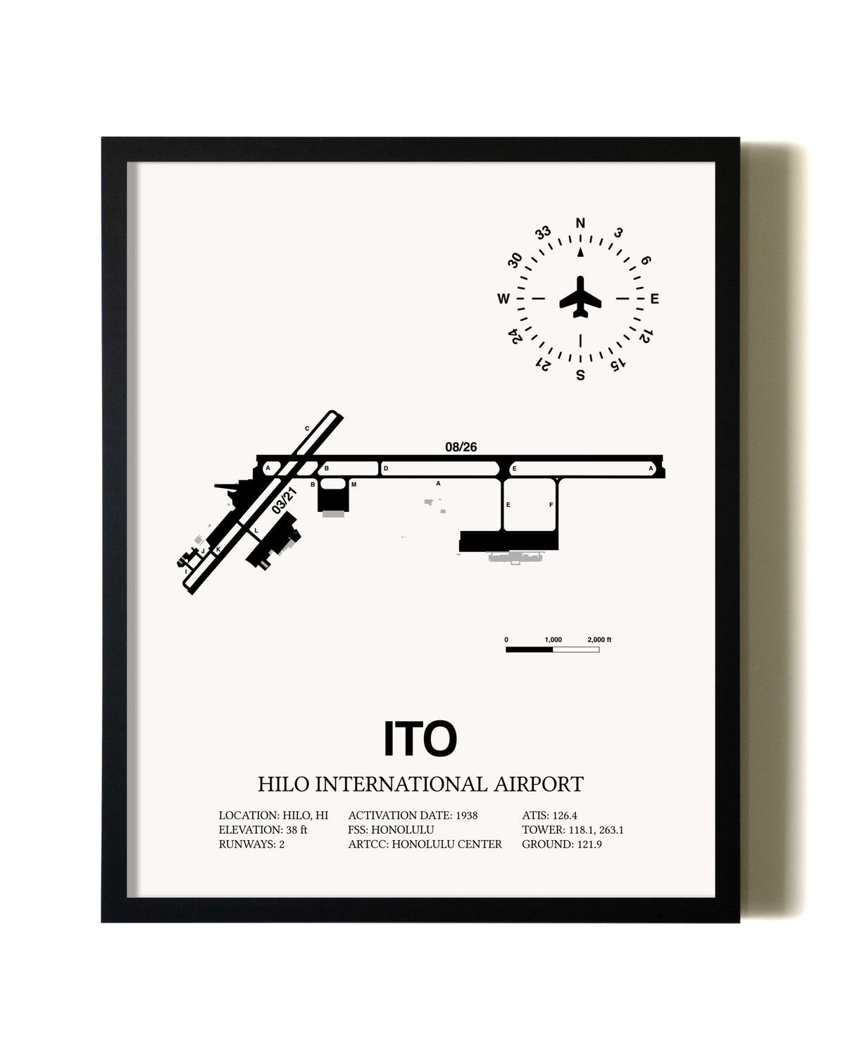 Framed Hilo International Airport wall art poster in black frame