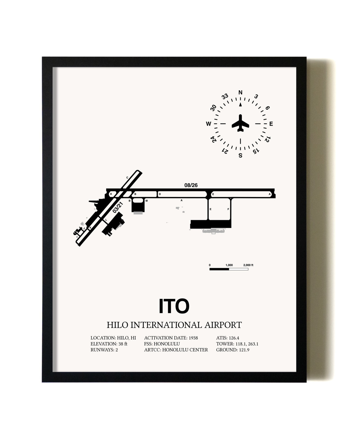 Framed Hilo International Airport wall art poster in black frame