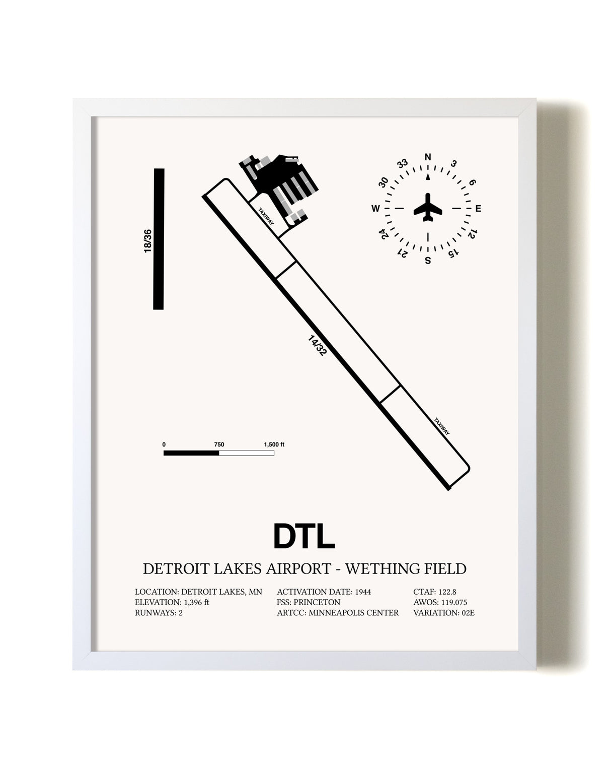 Detroit Lakes Airport-Wething Field airport map poster in oak frame