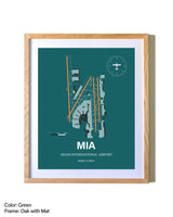 Miami International Airport airport map poster in oak frame with mat