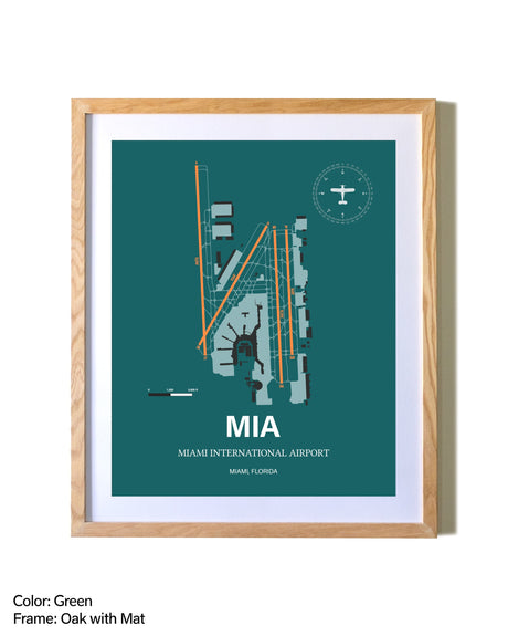 Miami International Airport airport map poster in oak frame with mat