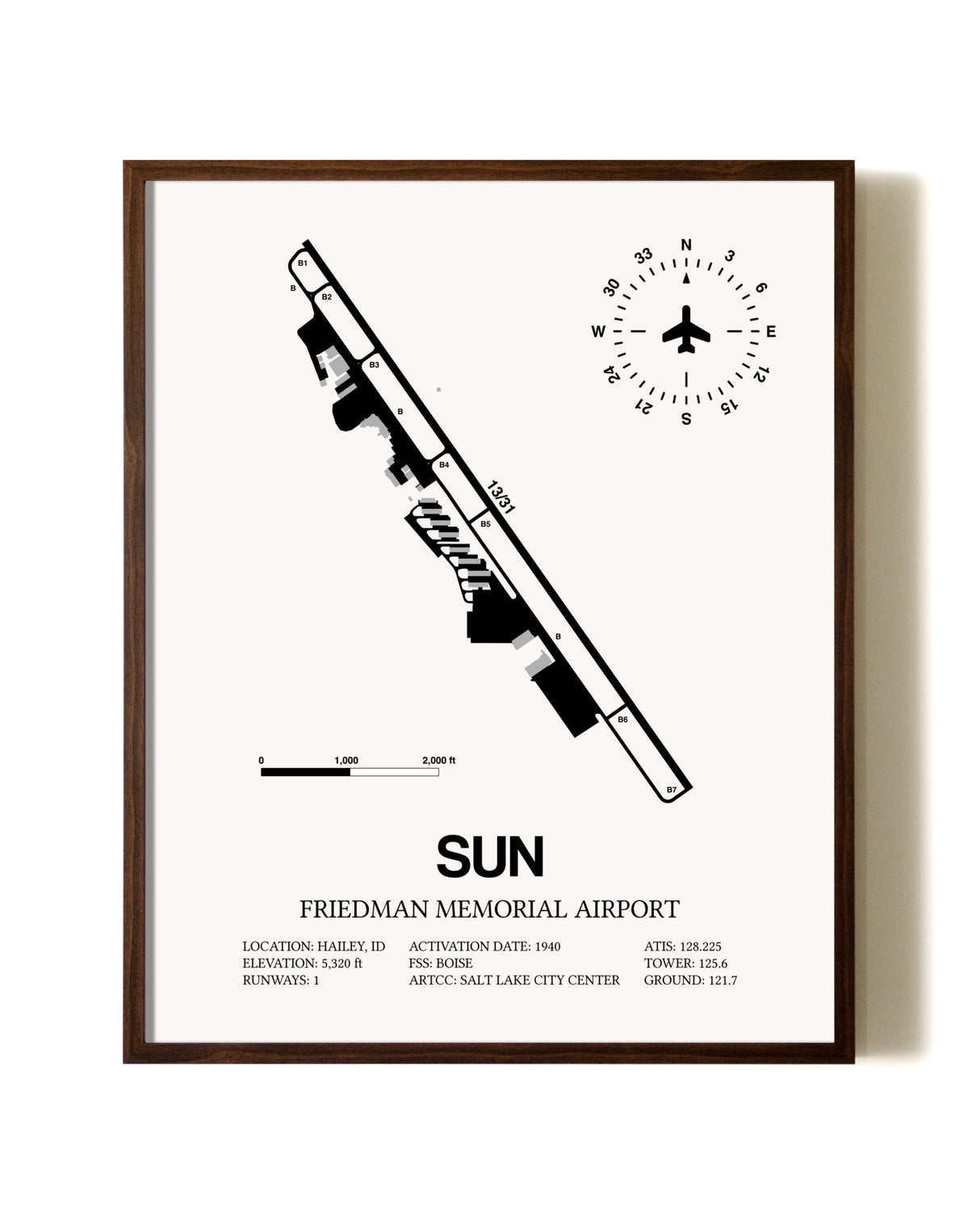 Friedman Memorial Airport aviation print in walnut frame