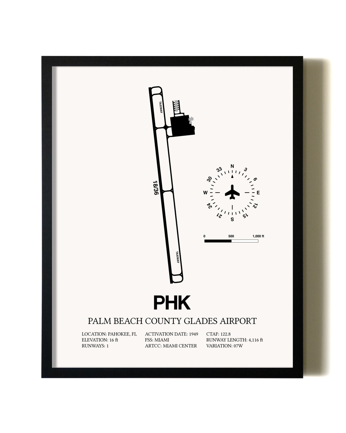 Framed Palm Beach County Glades Airport wall art poster in black frame